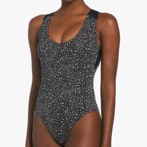 Nike Spotted One Piece Swimsuit Sporty Athletic Mesh Open Back Keyhole Black